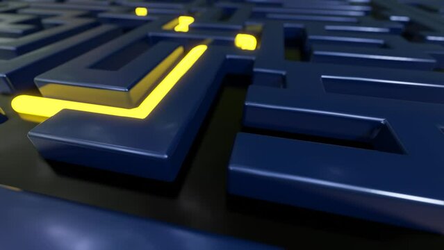 Yellow stripe goes through the maze. 3d render of a labyrinth.
