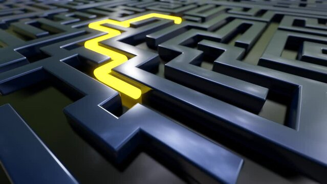 Yellow stripe goes through the maze. 3d render of a labyrinth.