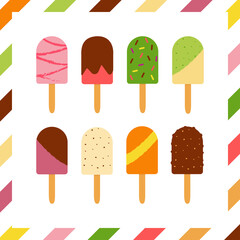 Vector illustration, poster, postcard with the image of colorful popsicles on a stick.