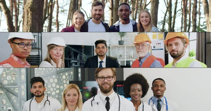 Collage team portrait of likable positive diverse people of various jobs which posing on camera with sincerely smiles