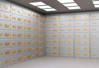 Realistic metal safe deposit boxes inside bank vault silver and gold colors. Concept for security and banking protection. 3d rendering illustration.	
