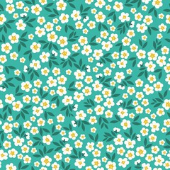 Seamless vintage pattern. White flowers , green leaves . Turquoise background. vector texture. fashionable print for textiles, wallpaper and packaging.