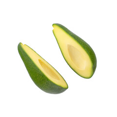 sliced levitating avocado isolated on white background