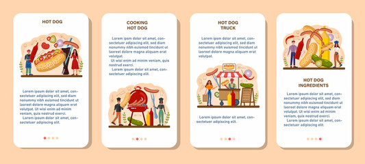 Naklejka premium Hot dog mobile application banner set. Unhealthy fast food cooking