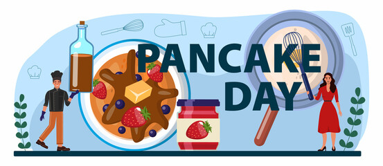 Pancake day typographic header. Tasty pancake for breakfast with berry