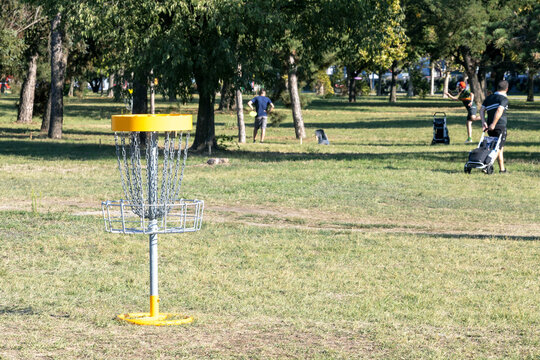 People playing flying disc golf sport game in the park