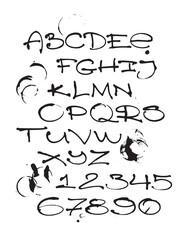 Hand writing lettering font. Vector alphabet with numbers