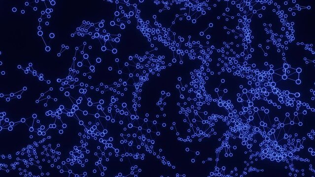  Black background. Design. Blue bright molecules in abstraction on a black background run around in different places in abstraction.