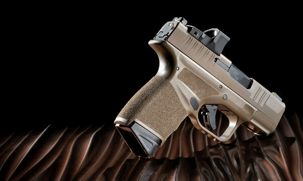 Tan semi auto pistol with a red dot optic