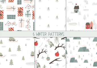 Set of cute winter and Christmas seamless patterns, hand drawn flat vector illustration. Gift boxes, trees, houses, villages and Christmas ornaments. Simple scandinavian patterns with texture.