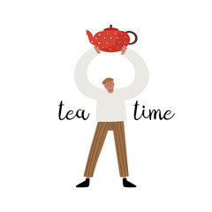 Cute guy in home clothes with red Russian style old kettle and text lettering - tea time. Hand drawn isolated vector illustration