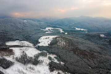 Aerial view of barren winter landscape with mountain hills covered with evergreen pine forest after heavy snowfall on cold quiet evening © bilanol
