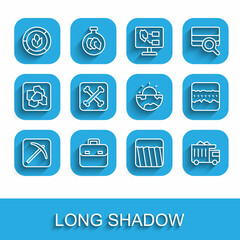 Set line Pickaxe, Briefcase, Soil analysis, Ground, Mining dump truck, Archeology, ground layers and Earth core structure crust icon. Vector