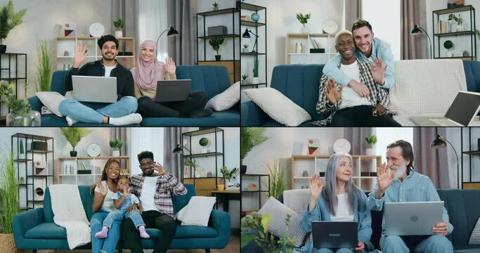 Mosaic of likable happy smiling diverse male and female people which sitting in front of camera at home and waving hands