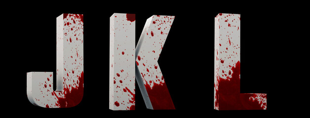 Alphabet blood. J, K, L. Letters horror. White letters smeared with blood. 3D render. Black background.