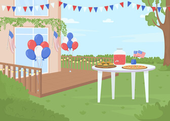 Independence day outdoor party flat color vector illustration. Patriotic holiday. National flag. Celebrating national holiday 2D simple cartoon landscape with decorated backyard on background