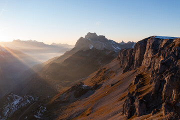 Amazing sunset in the alps of Switzerland. Wonderful flight with a drone over an amazing landscape in the canton of Uri and Glarus. Epic view over a street called Klausenpass.