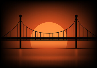 Suspension bridge silhouette on orange background.