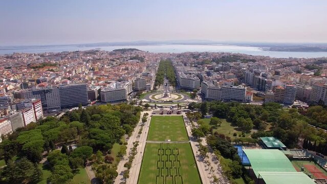Lisbon, Portugal, aerial view of Lisbon cityscape including Eduardo VII park and Marques de Pombal square.