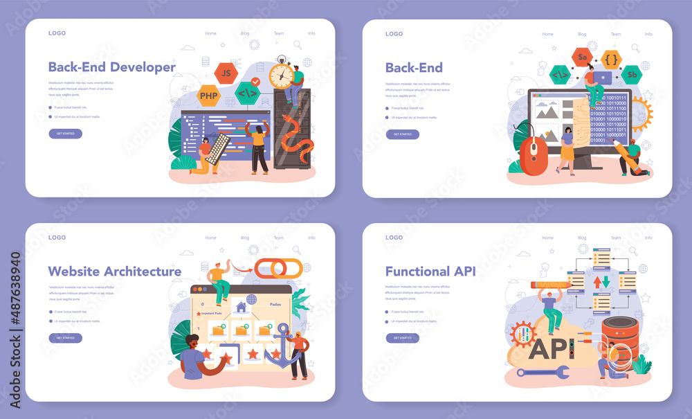 Poster back end development web banner or landing page set. software development