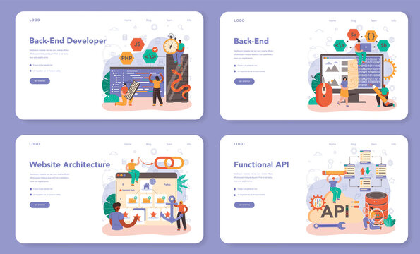 Back end development web banner or landing page set. Software development