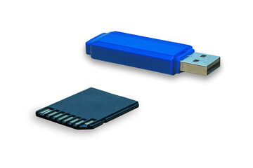 memory card and blue flash drive isolated on white background