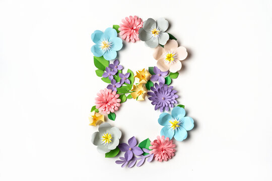 Floral design of number 8 isolated on white. Paper art and handcrafting. International Woman's Day