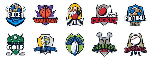 Set of sport teams logos. Collection of club emblem templates for football, soccer, basketball, cricket, baseball, volleyball, rugby, lacrosse, golf, bowling. Vector illustration