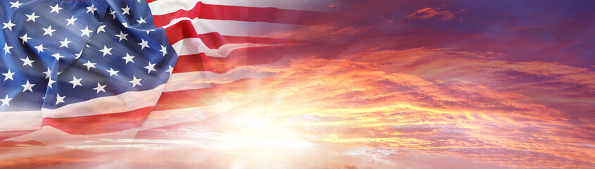 American flag in sunny sky. Wide web header banner