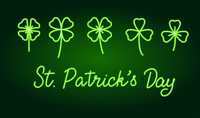 Neon lucky clover leaf, trefoil, four leaves shamrock for party retro green light, for St. Patrick's day.