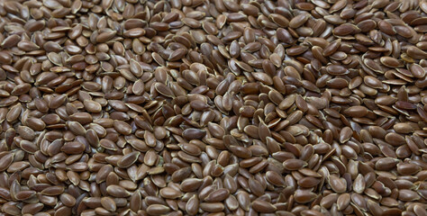 flax seeds background. Healthy, vegetarian, organic food, diet background, health care background, balanced diet copy space top view horizontal