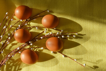 Happy Easter. Beautiful decoration for the spring holiday. Chicken eggs and willow on a yellow background in the rays of the sun.