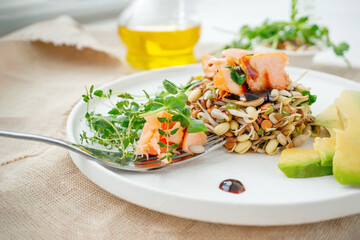 With a fork, they eat sprouts of whole wheat, whole oats, peas and sunflower with a piece of salmon and avocado. Organic grains are good for salads and bread. concept of raw healthy food