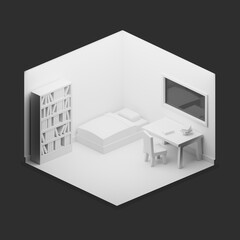 White bedroom Isometric low poly 3d rendering.