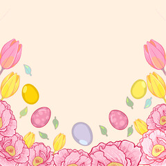 Easter pink background frame with delicate spring flowers and easter eggs, copy space, square background, vector, hand drawn