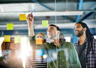 New ideas for a new business. Shot of colleagues having a brainstorming session with sticky notes at work.