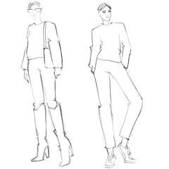 Croquis Female Figure on the white background Woman in casual clothes 