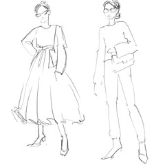 Croquis Female Figure on the white background Woman in casual clothes 