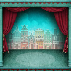 Fantasy background for postcard or illustration with red curtains and scene decoration. 