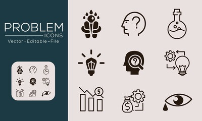 Problem concept icons set. Contains such icons problem solving, depression, analyze, solution and more, can be used for web and apps.