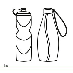 Sports bottles for beverage water or protein cocktails. Healthy lifestyle. Drinks for fitness. Linear vector illustration on white background. Doodle drawings