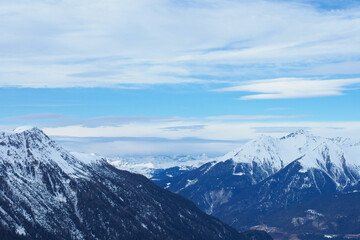 Fototapeta na wymiar View from Mount Darlux in Grisons, Switzelrand, on a beautiful winter day