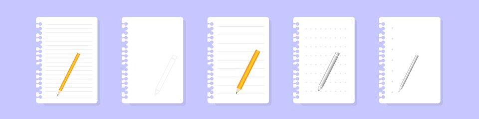 Torn sheet from notebook and pencil. Empty white stripe page with yellow sharpened writing and drawing tool for notifications and schedules old paper for education vector note reminders