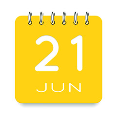 21 day of the month. June. Cute yellow calendar daily icon. Date day week Sunday, Monday, Tuesday, Wednesday, Thursday, Friday, Saturday. Cut paper. White background. Vector illustration.