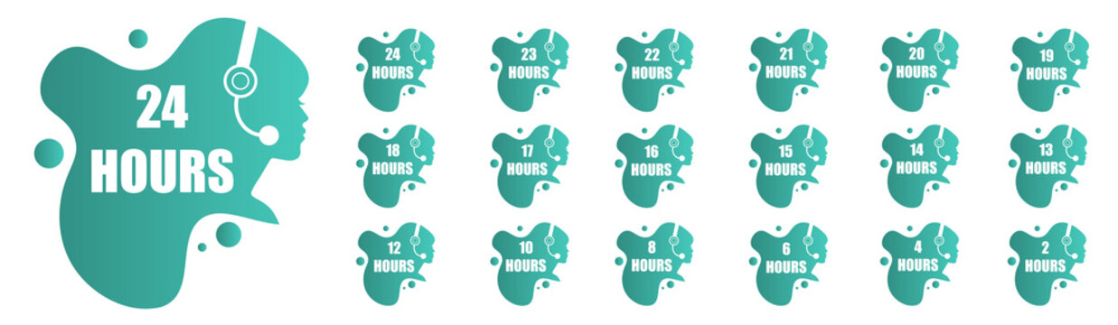 24 hour service is running. Set of stylish icons with girl face and lettering from 2 hours to 24. 24 7 all day all night icon, modern design illustration, open label sticker. Vector