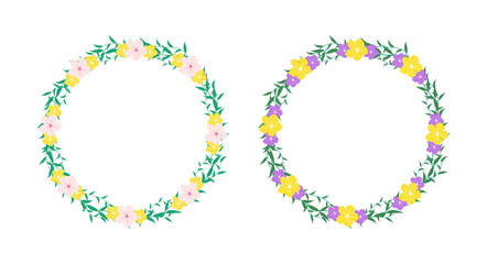 Round floral frame with curly leaves and flowers set