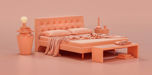 Monochrome bedroom scene with a double bed sheet, blanket, pillows and side tables.Rosy pink colorinterior room,  flat style single color composition, 3d rendering