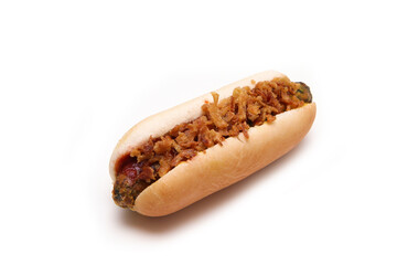The hot dog made of the ready to cook ingredients with fried onion. The sausage is vegetarian made of the vegetables.
