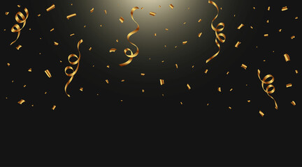 Festival elements vector. Anniversary and birthday celebration element. Golden confetti and ribbon falling vector. Golden color party confetti and Ribbon falling isolated on Dark background.