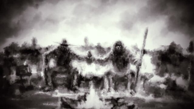 Two friends drink wine from bottle. Ruins of an ancient temple. 2D animation horror fantasy genre. Gloomy place with fog and strange people. Rest by fire in nature.  Cinematic background effect.